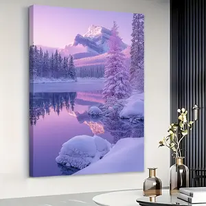 A beautiful oil painting, rendered on a flat 2D canvas, depicting snow-capped mountains and a reflective lake, designed as a wall decoration poster, suitable for the living room, with a solid wood frame, dimensions 15.7 x 23.6inch
