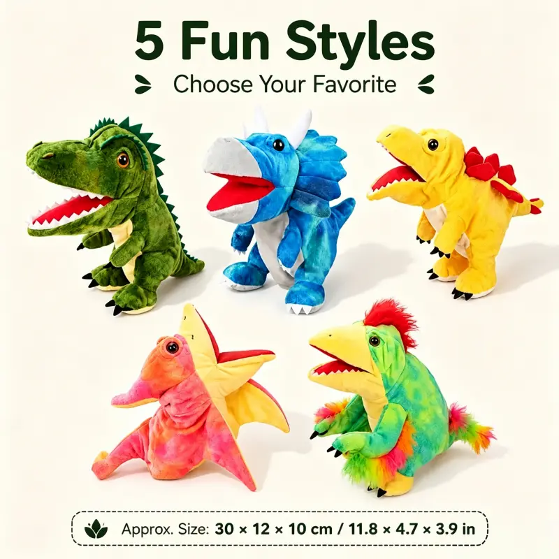 Colorful Plush Dinosaur Hand Puppet with Movable Mouth - 5 Styles (T-Rex, Triceratops, Stegosaurus, Pterosaur) - Kids' Interactive Stuffed Toy for Storytime, Role-Play, Birthday Holiday Gifts