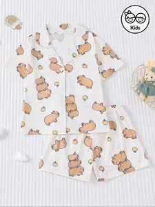 Cute Capybara Print Kids Pajama Set, Fire-Resistant Fabric, Short Sleeve Button-Up Top & Elastic Shorts, All Seasons Wearable Sleepwear, Cartoon Print Pajama