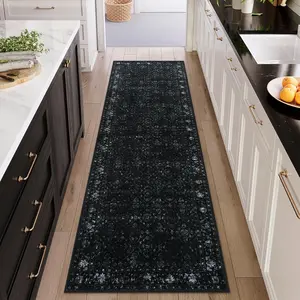 Vintage Black Floral Designs Long Runner Rugs, Non-Slip Decorative Mat for Hardwood Floors Laundry Room, Sink Floor Bedroom, Living-Dining Room, Entryway Hallway, Washable Kitchen Mat, Stylish Beautiful Home Decoration