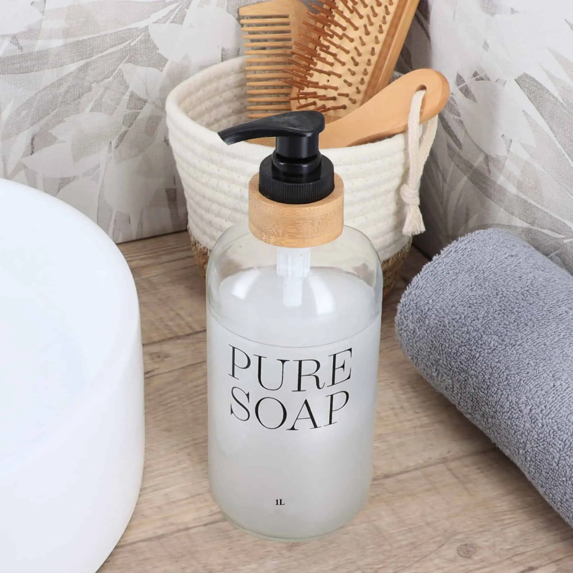 Evideco French Home Goods Glass and Bamboo Soap Dispenser PURE SOAP 34 FL OZ Clear Glass Base with Black Pump for Bathroom Kitchen Decor