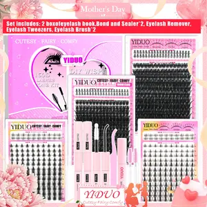 YIDUO 2 Box Eyelash Book Kit, Diy Lash Kit, with 2 Pcs Bond and Seal 744-Pcs Eyelash Extension Kit 100D + 150D + Wispy + Bottom Lash Clusters Mix Style Individual Eyelash Extensions Kit, D Curvature Volume False Eyelash Kit with Remover, Tweezers
