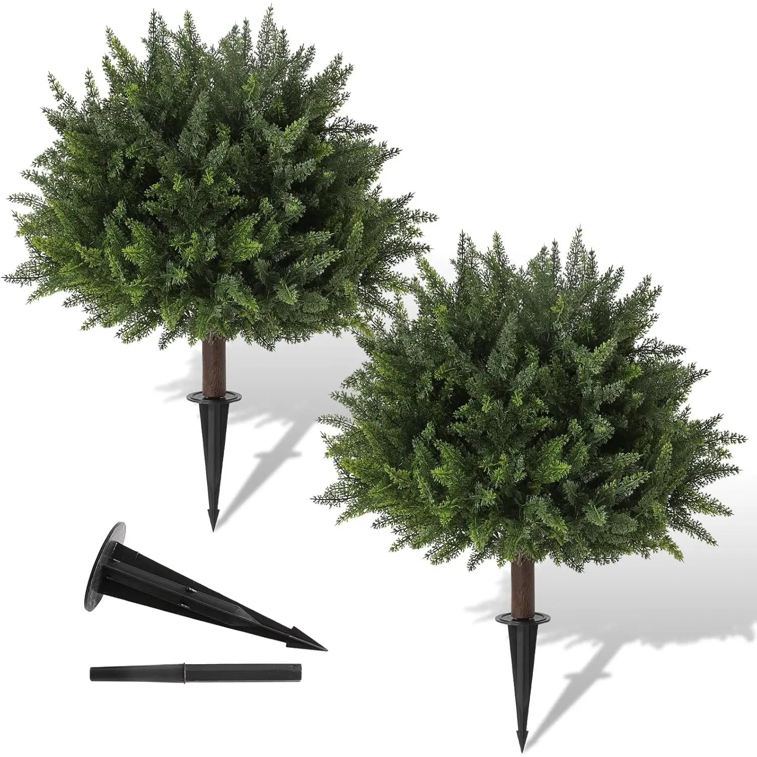 2-Pack Traditional Decorative Artificial Cedar Topiary Plants with Leaves, 23.6in UV-Resistant Shrubs, Ground Spikes & Pot Compatibility, Indoor-Outdoor Evergreen Decor for Porch, Garden