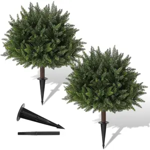 2 Pack Artificial Cedar Topiary, 23.6Inch UV Resistant Artificial Shrubs, with Ground Spikes, Indoor and Outdoor  Evergreen Tree for Porch, Garden, Front Door Decoration