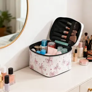 Bow Heart Makeup Bag, Valentine's Day Gift for Women, Portable Cosmetic Case Purse for Travel, Foldable Durable Cosmetic Pouch with Zipper mini gifts for coworkers teen girl