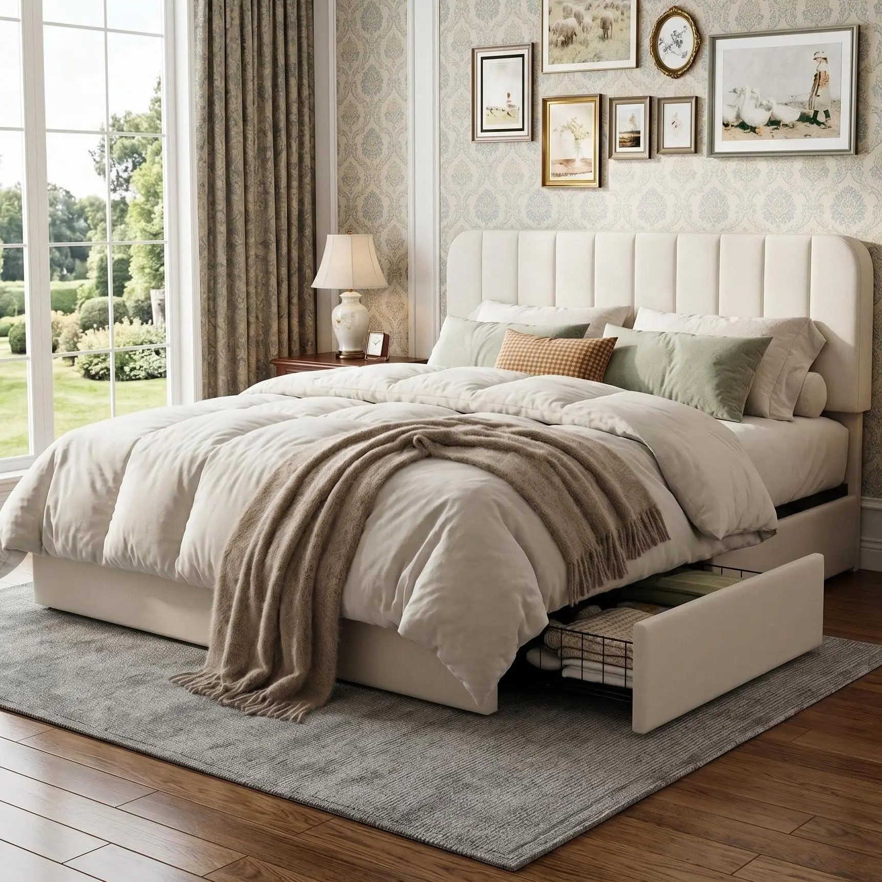Garvee Queen Size Bed Frame, Velvet Upholstered Platform Bed with Adjustable Headboard & 4 Rolling Storage Drawers, No Box Spring Needed, Easy Assembly, Beige