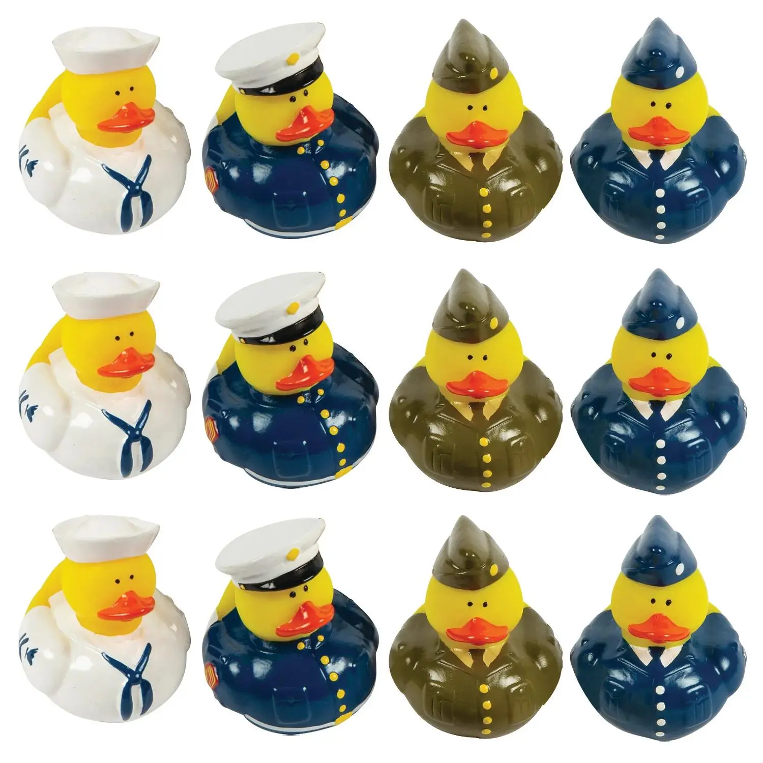 2" Uniformed Armed Forces Blue, Green & White Rubber Ducks - 12 Pc.