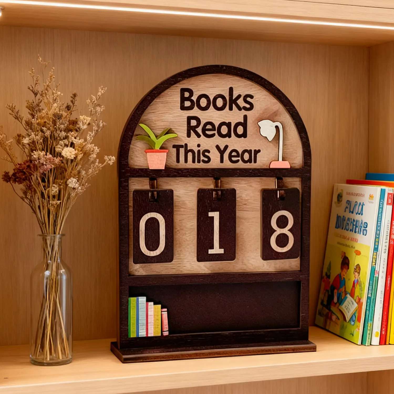 Wooden Annual Reading Count Display Set, Reading Tracker, Track Up to 999 Books This Year, DIY Text with Base, Home Office Book Decor, Modern Design, Gift for Readers, Versatile Usage, Gift Option
