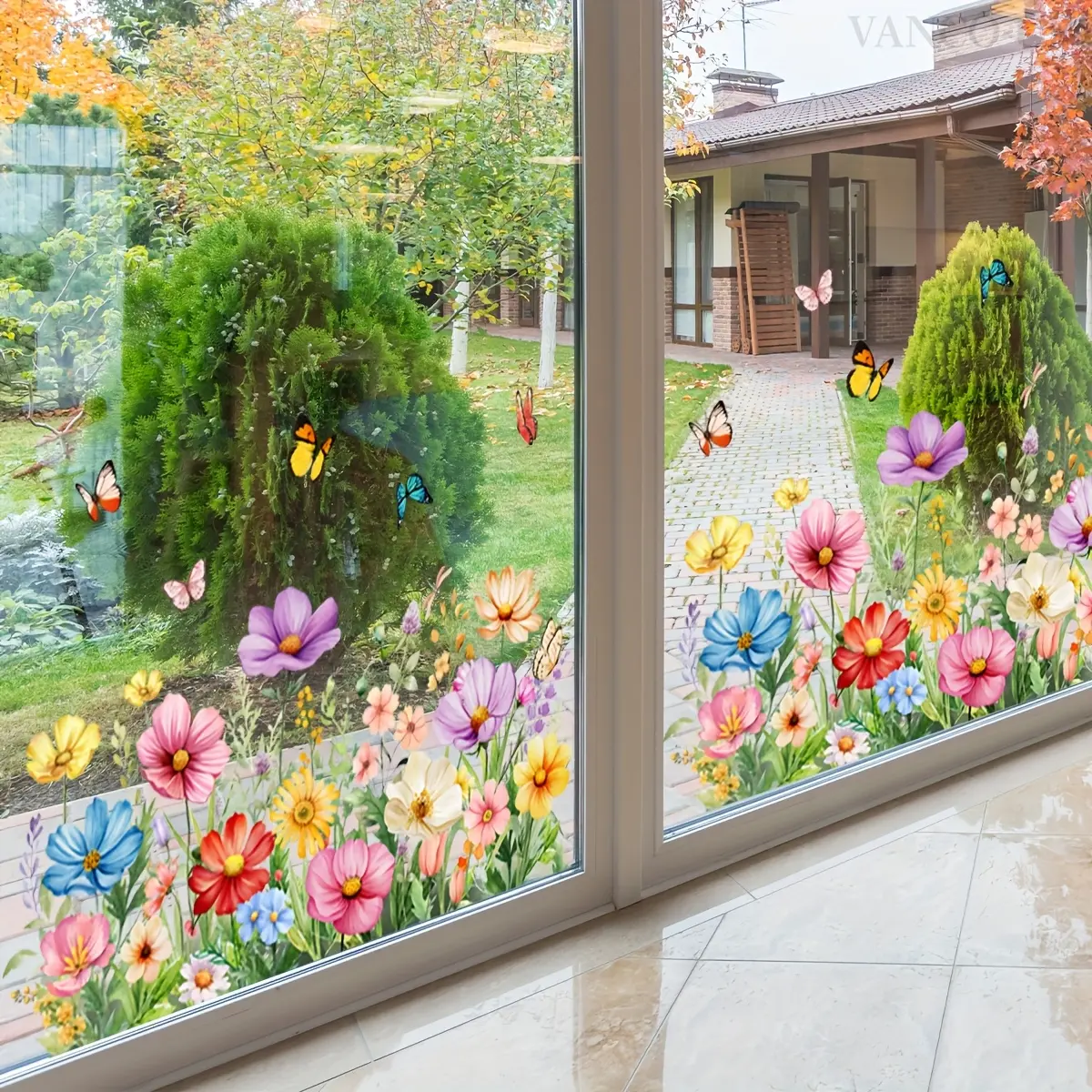 A set of two (30*60cm*2pcs) creative colorful flower and butterfly spring and summer static stickers, double-sided visible, 20-thread decorative background window stickers (D15008-YC)