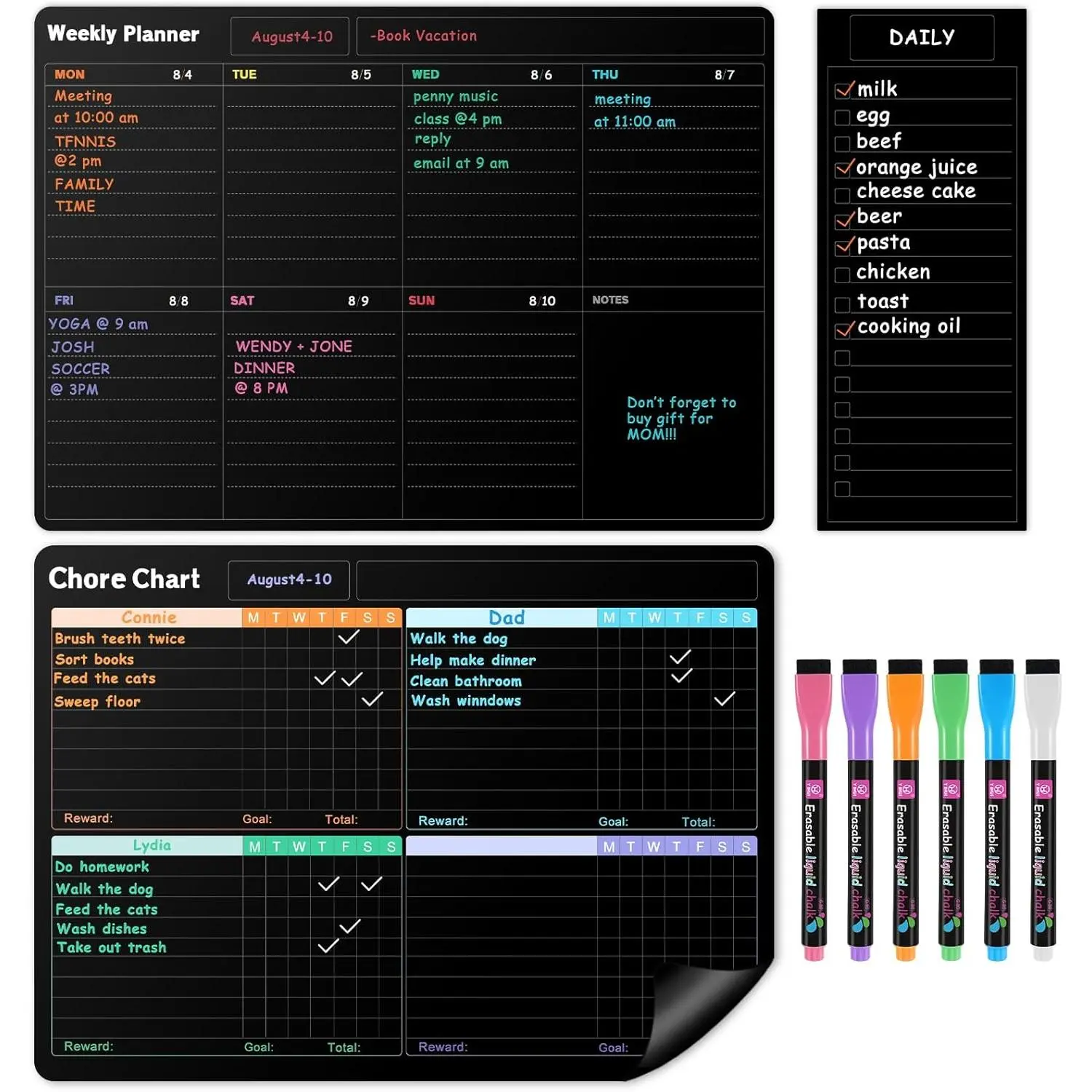 Fridge Black Whiteboard Calendar Set(3-Pack),1 Pcs  Chore Chart and 1 count Refrigerator Weekly Planner,1 Pcs List and 6 Markers,Reward Chore Chart for  Multiple  Teens Adults Family, Gym, Moms, Exceptional Durability, Dry Erase Markers, Refrigerator Orga
