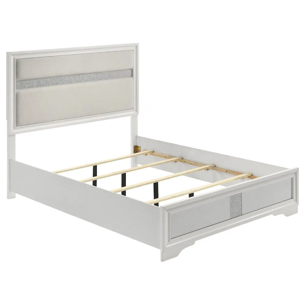 Miranda 54-in Glam Upholstered Full Panel Bed, White, Glitter Stripes, Padded Fabric, Horizontal Stripe, Slatted Base