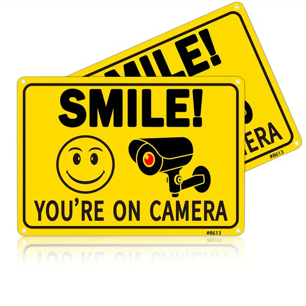2-Pack Smiling Camera Metal Signs, Outdoor Video Surveillance Signs, 20x30cm, Ideal for Home, Business, and Lane Alarm Security Camera Signs, Signage
