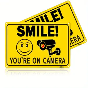 2-Pack Smiling Camera Signs, Outdoor Video Surveillance Signs, 20x30cm, Ideal for Home, Business, and Lane Alarm Security Camera Signs