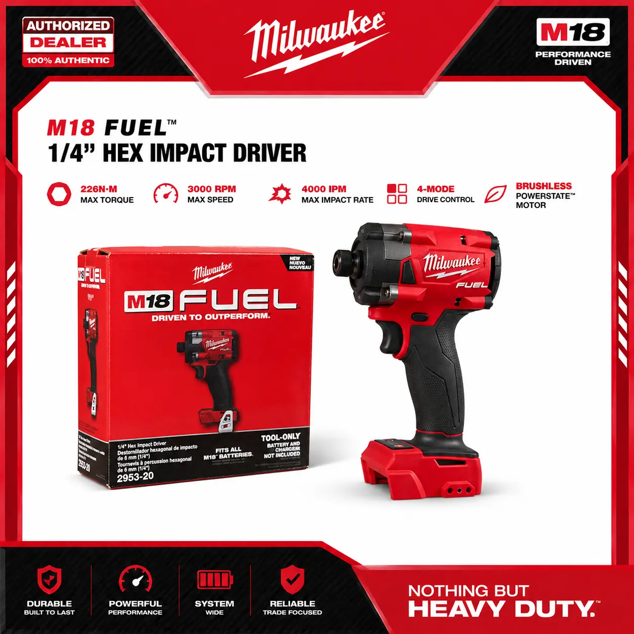 Milwaukee 2953-20 M18 FUEL 1/4" Hex Impact Driver, Brushless Cordless Power Tool with 4-Mode Drive Control  portable compact design