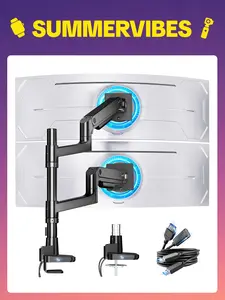 【SummerVibes】ARES WING Single/Dual Monitor Arm for Ultrawide Heavy Duty Curved Monitor Stacking, Fits 17-49 Inch, Vertical Gas Spring Double Monitor Mount with USB, Ergonomic Office Adjustable Dual Monitor Mount