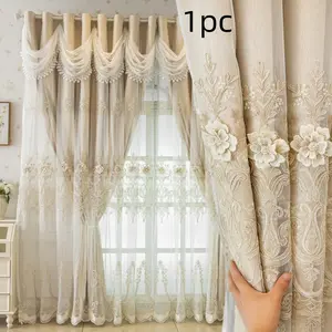 1pc European Luxury Embroidered Double Layer 100% Blackout Curtain, with water wave curtain top, UV blocking,UV Protection, Privacy, Bedroom Living Room Home Decoration Curtain, Insulation Sunscreen
