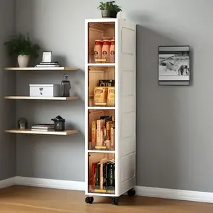 Slim storage cabinet with dust-proof doors and adjustable shelves. Made of waterproof plastic, it features a movable wheel design. This floor-standing storage unit saves space and is ideal for bathrooms, kitchens, apartments and small spaces.