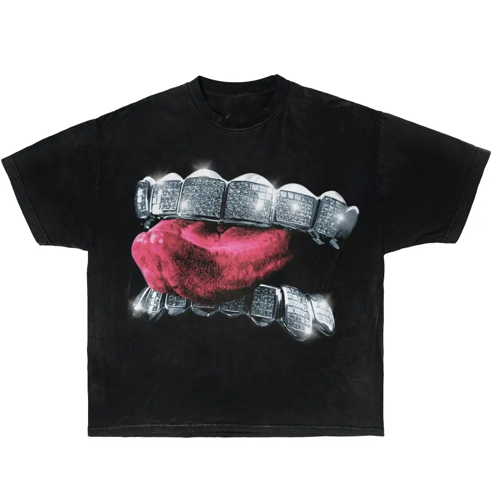 Grillz Shirt Y2K Graphic Tee Vintage Streetwear Shirt Hip Hop Grillz Mouth T-Shirt Unisex