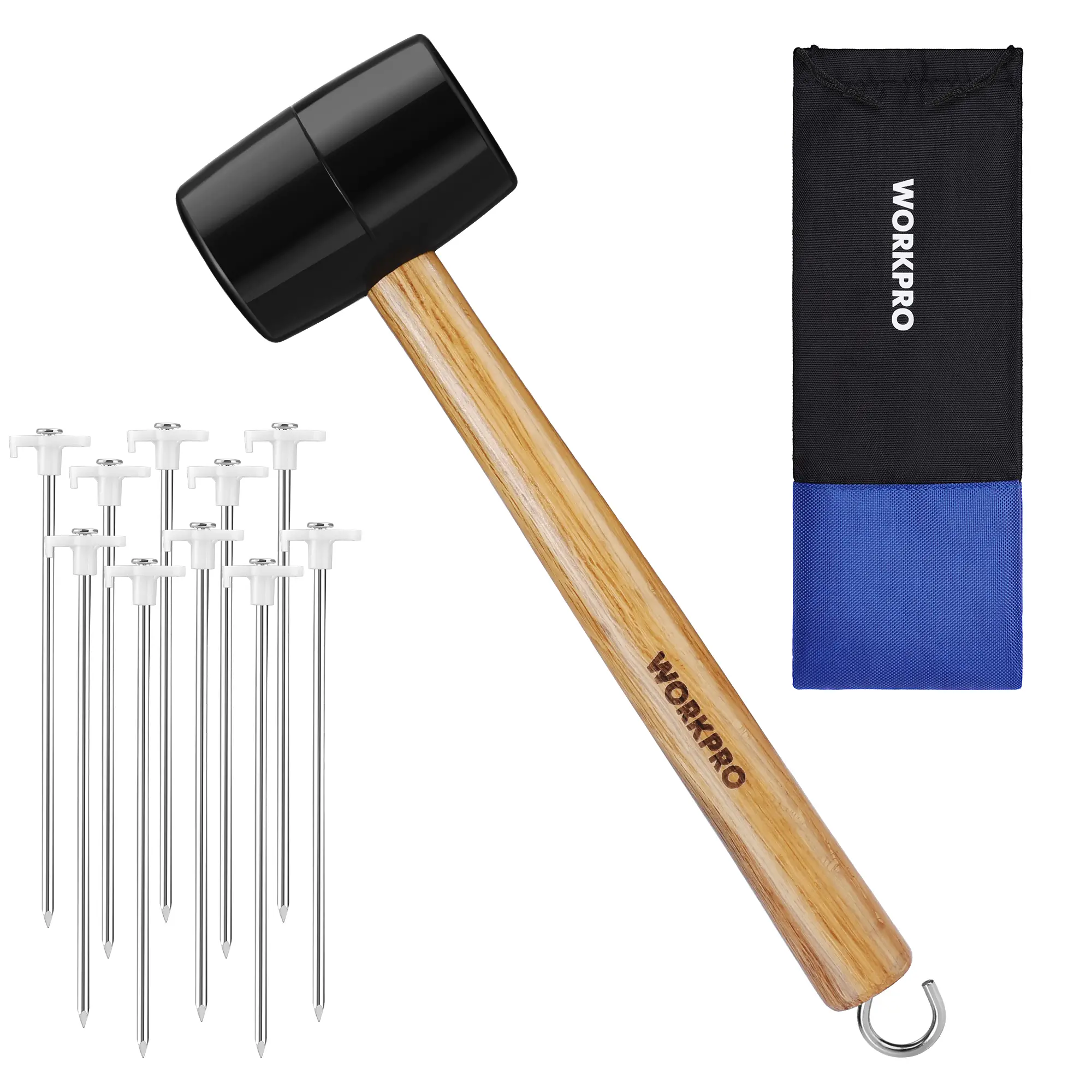 #fathersdaygift WORKPRO Tent Stakes and Hammer Set, 16oz Rubber Mallet Hammer, Wooden Handle, 10PC Heavy Duty Metal Tent Stakes and Storage Bag, DIY Woodworking, Camping Accessories for Ground, Camp and Garden