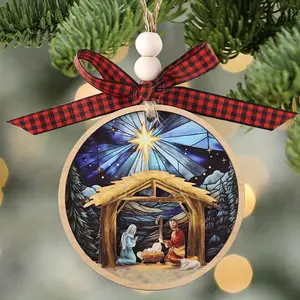 Jesus Wooden Carved 2-layer 3D Pendant Ornaments, Nativity Scene Ornaments, Round Wooden Jesus Sign Nativity Ornaments Hangings Ornaments, With Bow Lanyard
