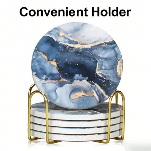 Set of 6 Ceramic Coasters, Navy Blue Marble Abstract Round Design with Storage Holder, Premium Absorbent Drink Coaster Set, Ideal for Coffee Table Decor, Home Decoration and Housewarming Gifts for New Homes.