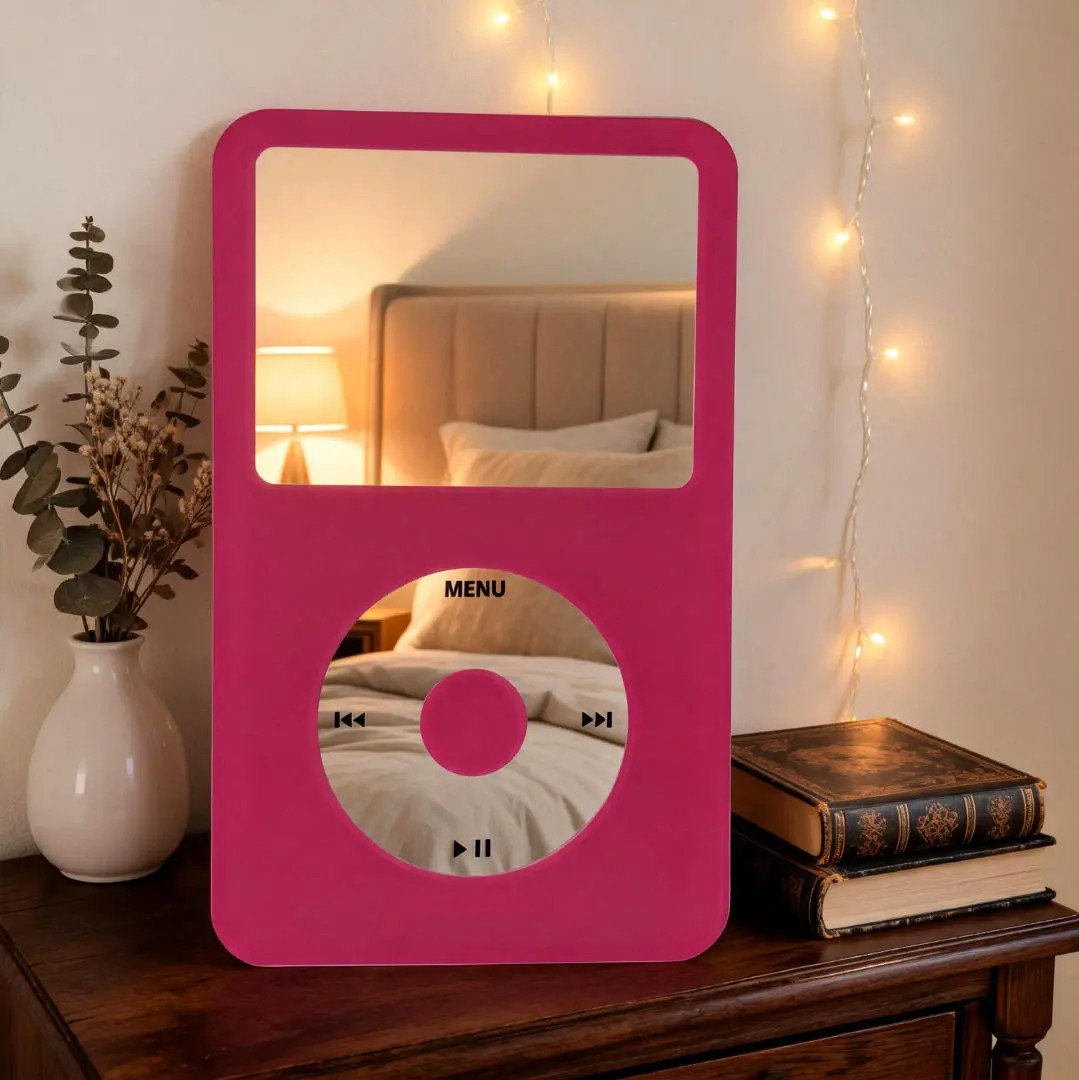 Y2K MP3 Player Decorative Wall Mirror, Pink Acrylic Vanity Makeup Mirror, Retro Aesthetic Room Decor for Bedroom, Dorm, Gallery Wall, HD Mirror, 16.14 x 9.84 Inches