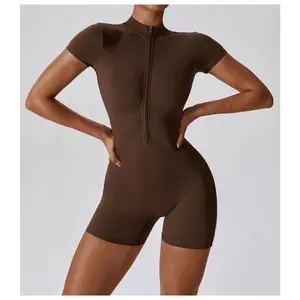 Women's Zipper Short-Sleeve Yoga Jumpsuit - Quick-Dry Breathable Tight Fitness Onesie for Gym Running Sportswear