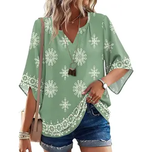 Women's 3/4 Length Sleeve Boho Tops V Neck Casual Vacation Clothes Loose Fit Tunic Shirts S-3XL