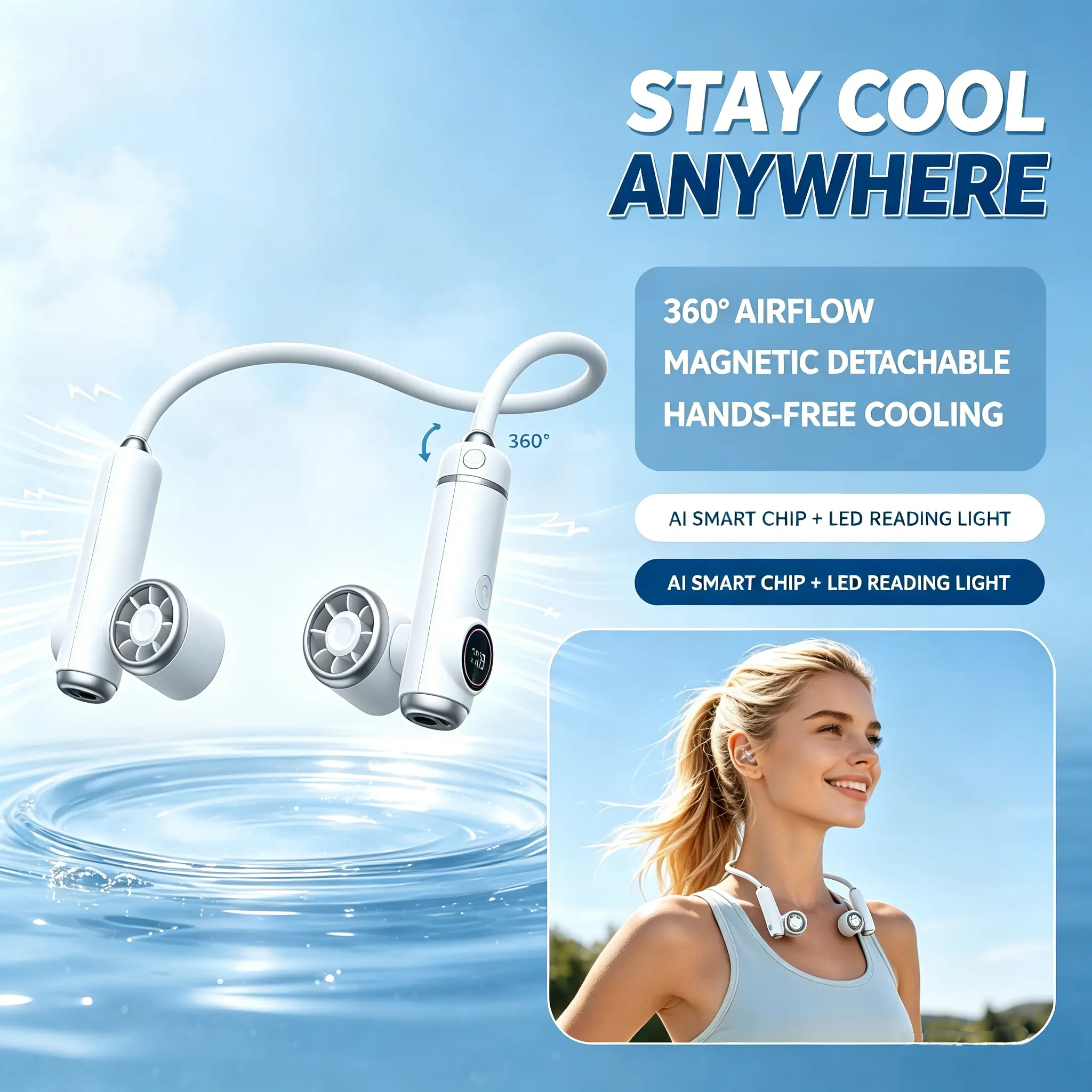 2026 Smart Neck Fan with AI Chip, Magnetic Detachable Fan Heads, 360° Adjustable Airflow, LED Reading Light, Hands-Free Portable Cooling Fan for Summer Outdoor