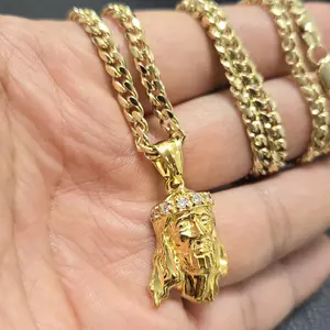 MaxBling81 AAA+ Brass Mini Gold Jesus Cross Pendant with 4mm Cuban Links Chain Necklace, 18"-20"-24" Multiple Lengths, Unisex Daily Wear Fashion Costume Jewelry Accessory