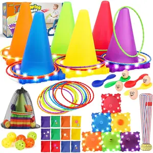 X-OGP04 49PCS Carnival Games Outdoor Combo Set for Kids with LED Light, Plastic Cones Obstacle Course Bean Bags Balls Ring Toss Game Egg and Spoon Race Lawn Game, Gift for Birthday Party/Xmas/Easter