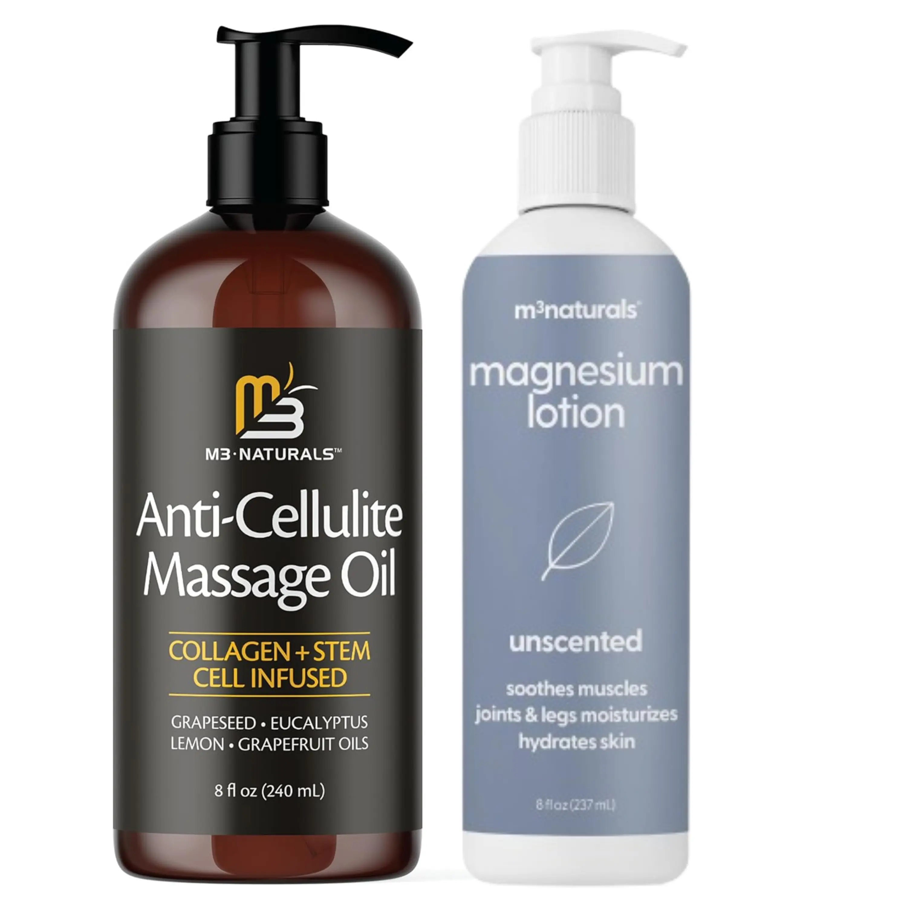 M3 Naturals Anti Cellulite Massage Oil + Magnesium Lotion | Help Smooth the Appearance of Cellulite | Hydrating Body Care, Skin Firming Massage Routine, Post-Workout Recovery & Nighttime Relaxation Massage Oil and Lotion