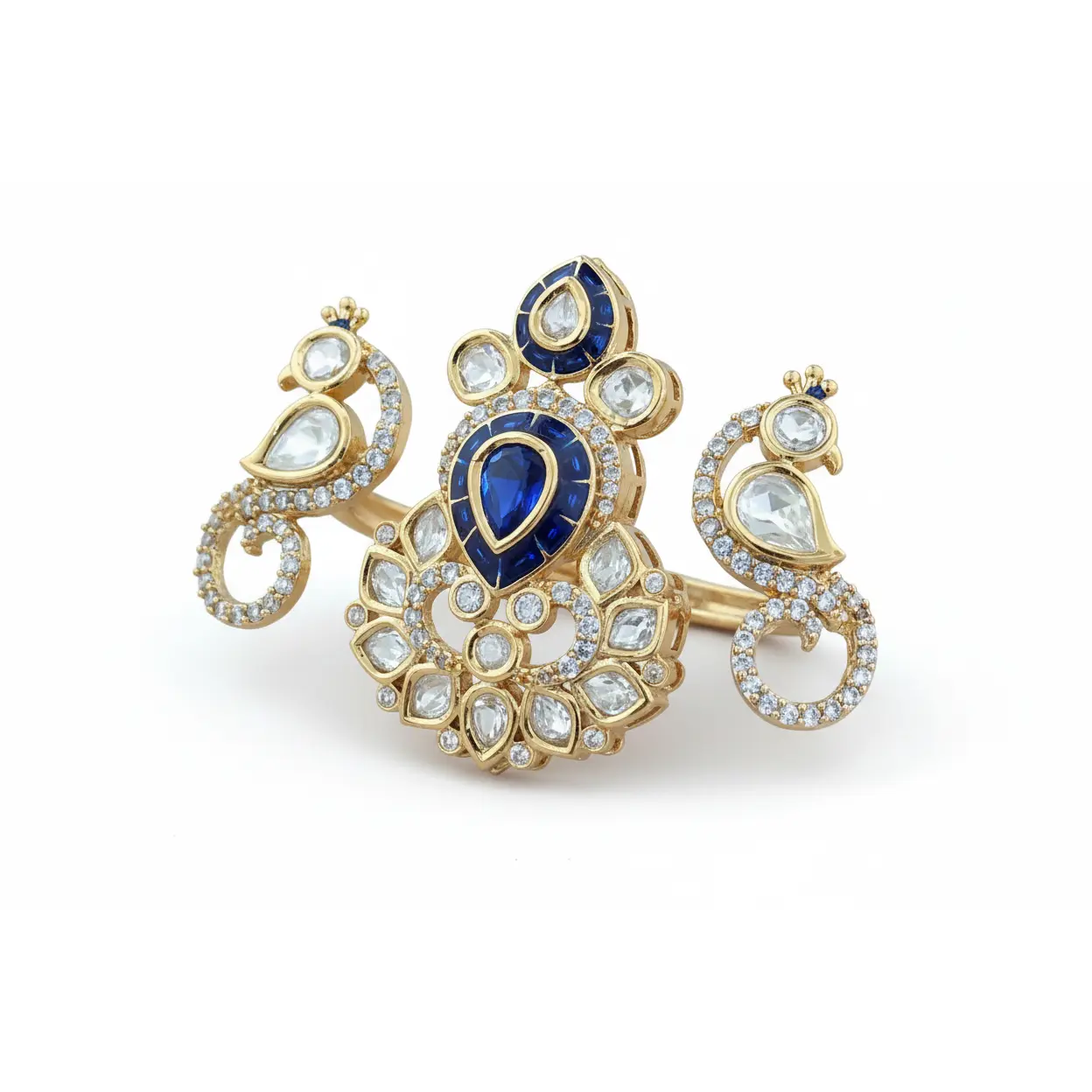 Peacock Kundan Ring | Gold Plated Adjustable Ring with Blue Sapphire Polki CZ