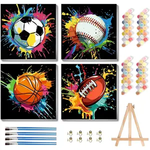 bleihum 4 Pack Paint by Numbers Kit for Kids with Frame Wooden Easel, Easy Paint by Number Kids Sports, DIY Acrylic Oil Football Painting by Numbers for Home Wall Decor 8x8 Inch