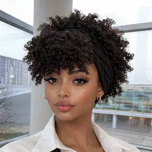 VOSILK Headband Wig Afro Kinky Headband Wig with Bangs for Women Black Head Wrap 2 in 1 for Women Curly Full Scarf Wigs Synthetic Short Afro Kinky Afro High Puff Wig
