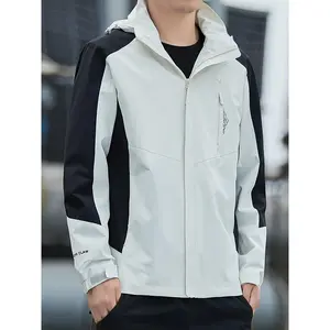 Bmuvlss Men'S Stylish Hooded Windbreaker Jacket - Navy Blue & White Contrast Design, Zip-Up Casual Outdoor Coat with Pockets, Long Sleeves, and Front Pockets for Spring/Fall Activities, Windbreaker Jacket