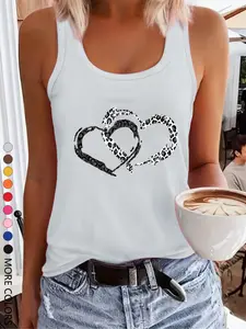 Women's Heart & Leopard Print Round Neck Tank Top, Casual Sleeveless Top for Summer, Ladies Clothes for Daily Wear, Tanktop