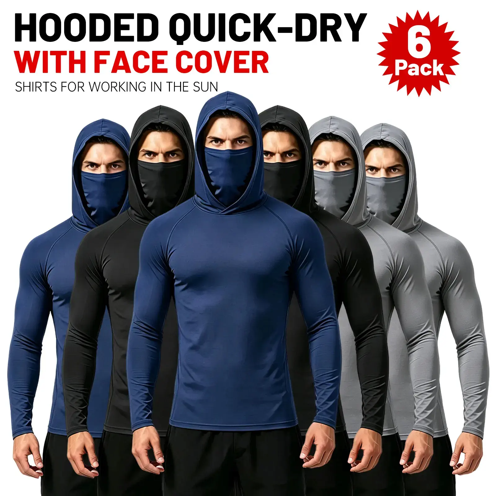 6 Pack Men's Sun Protection Long Sleeve Hooded Shirts, 4-Way Stretch Quick Dry Compression Work Shirt with Built-in Face Mask & Neck Gaiter, UV Protection for Fishing Cycling Gardening Outdoor Work, back to school shopping