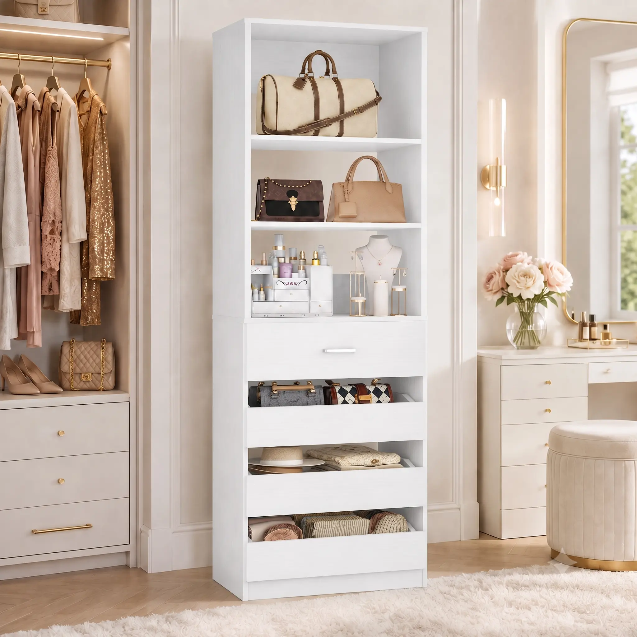 Cyclysio 21.3" W Freestanding Clothes Storage Cabinet - Wood Wardrobe with 3 Open Drawers, Shelves, Boutique Bag Display Stand for Organization, Modern Storage Cabinets Needs, Drawers Organization