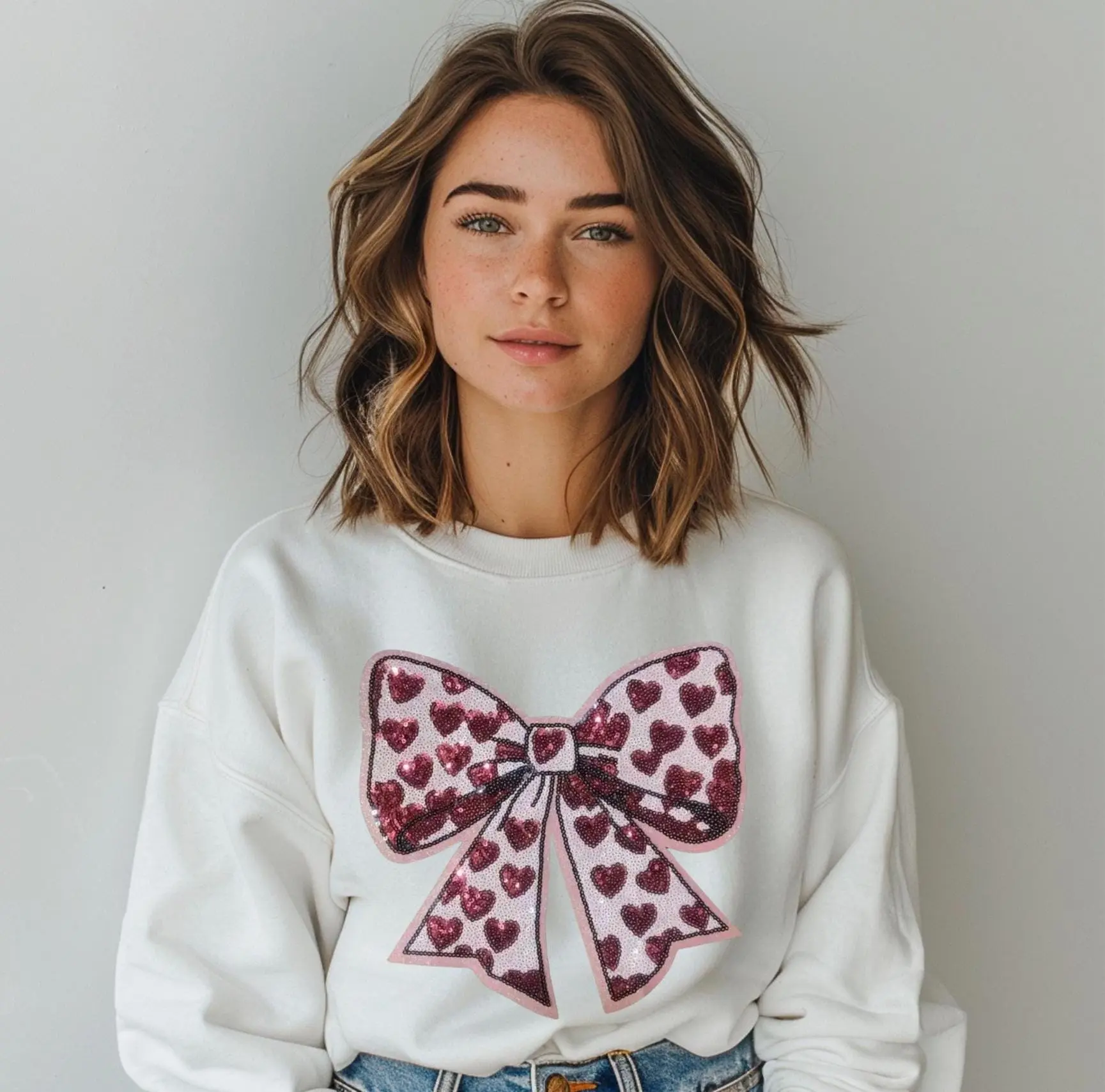 Pink Coquette Bow with Hearts Chenille Patch Sweatshirt