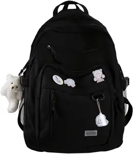 Cute Aesthetic Backpack for School Middle Student Travel Black Backpack Teens Girls Bear Pin Book Bags