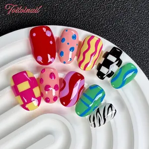 Pop Art Summer Press On Nails | Short Square Oval, 10pcs Vibrant retro design with mix-and-match patterns, perfect for summer travel, beach trips & vacation photos Bold fun vibe, great for statement holiday looks & everyday wear, reusable fake nails