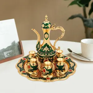 Turkish Tea Set, Vintage Turkish Coffee Cups Set with Pot and 6 Cups,Turkish Tea Glasses for Home Decor Birthday Christmas Housewarming Wedding ﻿ (Gold, Green)