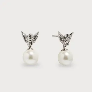 Ascend Cupid & Pearl Studs - Silver Rhodium Plated Winged Design Earrings with 14mm Shell Pearls for Everyday Grace or Ceremonial Wear
