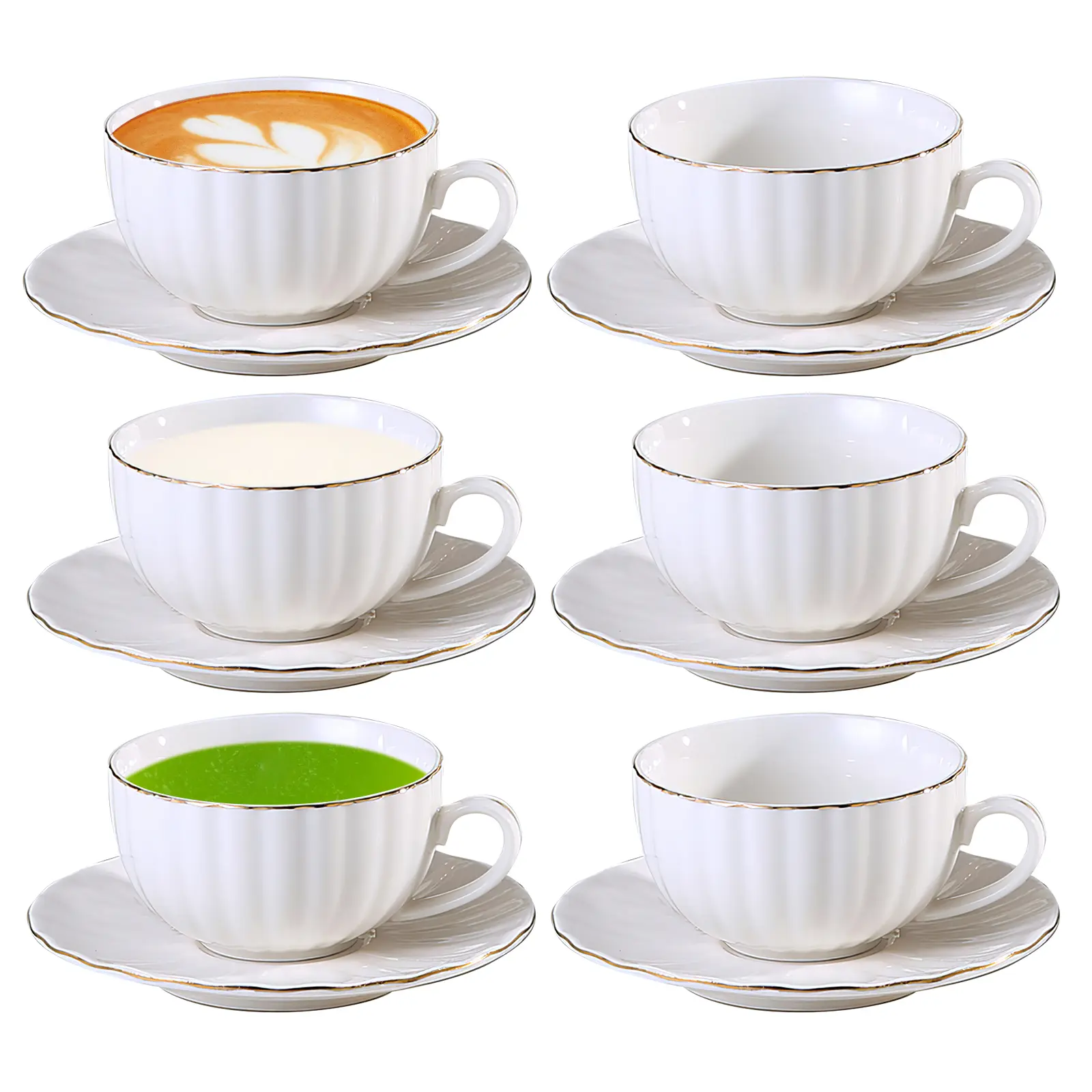 6-Piece British-Style Lead-Free Ceramic Tableware Tea Set - Gold-Trimmed 3oz (90ml) Pumpkin-Shaped Aesthetic Coffee Cups & Saucers, Dishwasher-Safe, Ideal for Mother’s Day Gifting