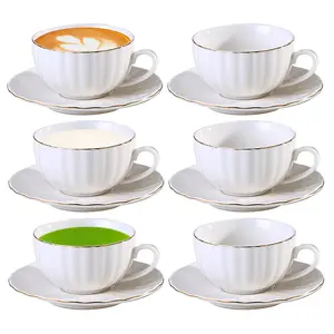 British Royal Tea Set 6 Set | Gold Trim Porcelain Cups & Saucers | 3oz Pumpkin Shape (Dishwasher Safe)