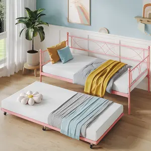 Twin Daybed with Trundle - Metal Day Bed with Pull Out Trundle, Twin Trundle Bed Frame with Premium Steel Slat Support, Multifunctional Platform Beds for Bedroom, Living Room, Guest Room, Pink