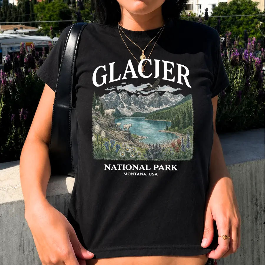 Glacier National Park Baby Tee for Women, Vintage Montana Mountain Lake Graphic Shirt, Casual Short Sleeve Travel Top, Nature Lover Gift, Comfy Summer Outfit