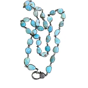 Larimar Bezel Necklace with Pave Diamond Lobster Claw Clasp