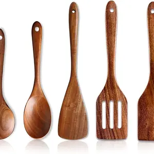 5-Piece Wooden Spoon Cooking Kitchen Utensil Set, Non-Toxic Flat Scraper Serving Spoons, Mixed Wood Cooking Tools for Kitchen Use, Kitchen Utensils Set